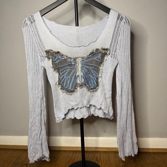 Source Unknown Tops - Y2K Butterfly Patch Long Sleeve Knit Top Lettuce Hem Boho Fairy Grunge
